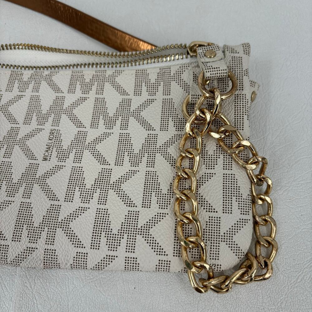 Michael Kors Belt Bag Chain Zip White Signature Logo Faux Leather Size L Belt - Picture 7 of 12